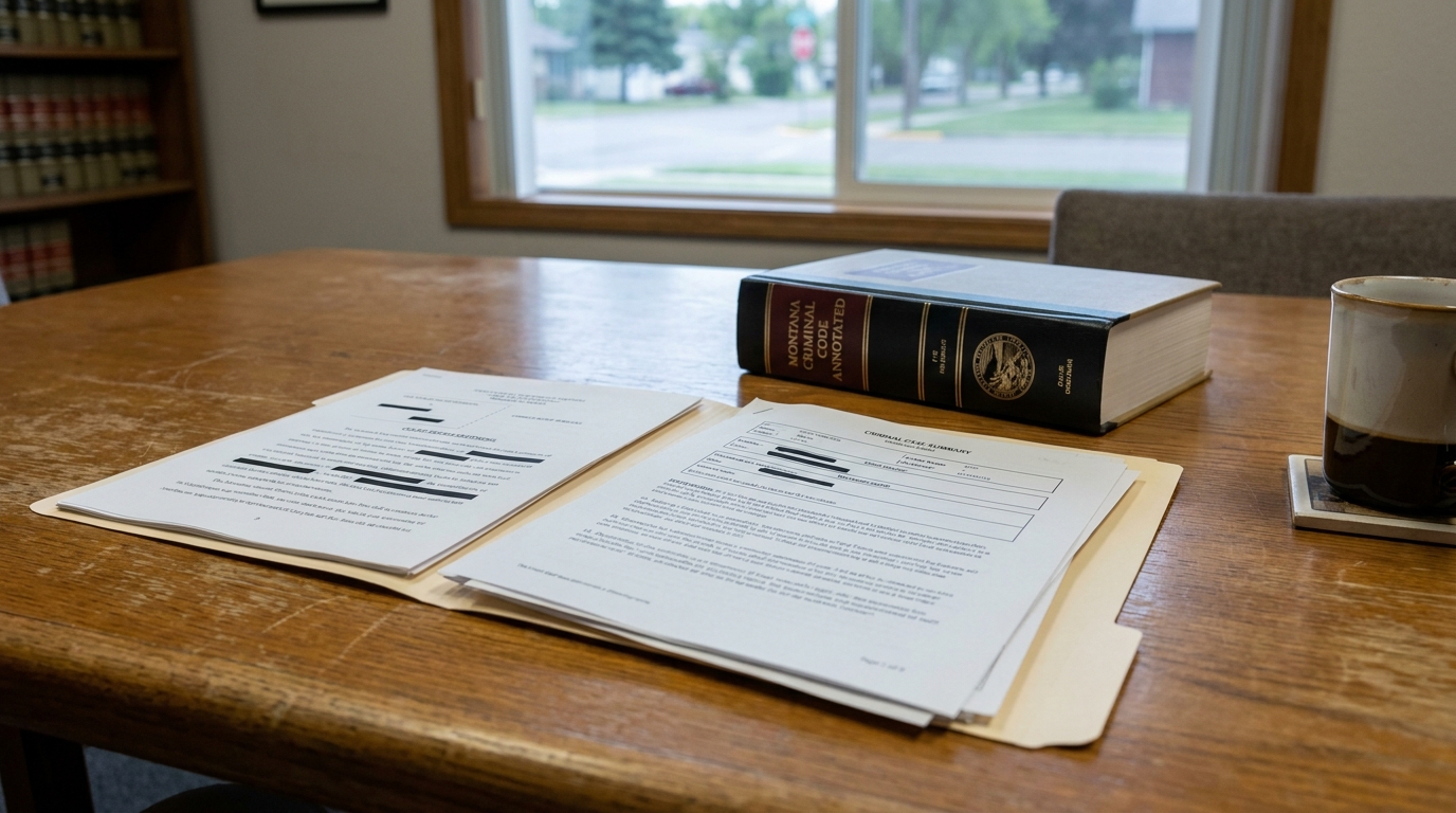 Montana Criminal Code Annotated book beside open criminal case summary documents on law office desk