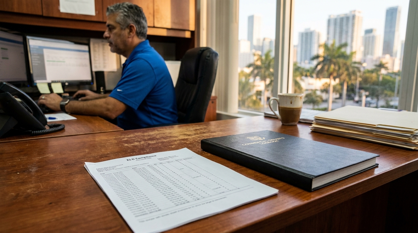 Miami Attorney Reviewing ELD Compliance Records Truck Fatigue Case ELD Compliance document and commercial carriers logbook on office desk with man working at computer