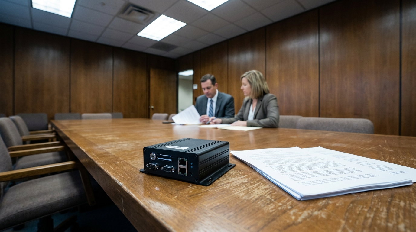 Truck Black Box Evidence PA Truck Accident Case electronic device and legal documents on conference table with two professionals reviewing papers