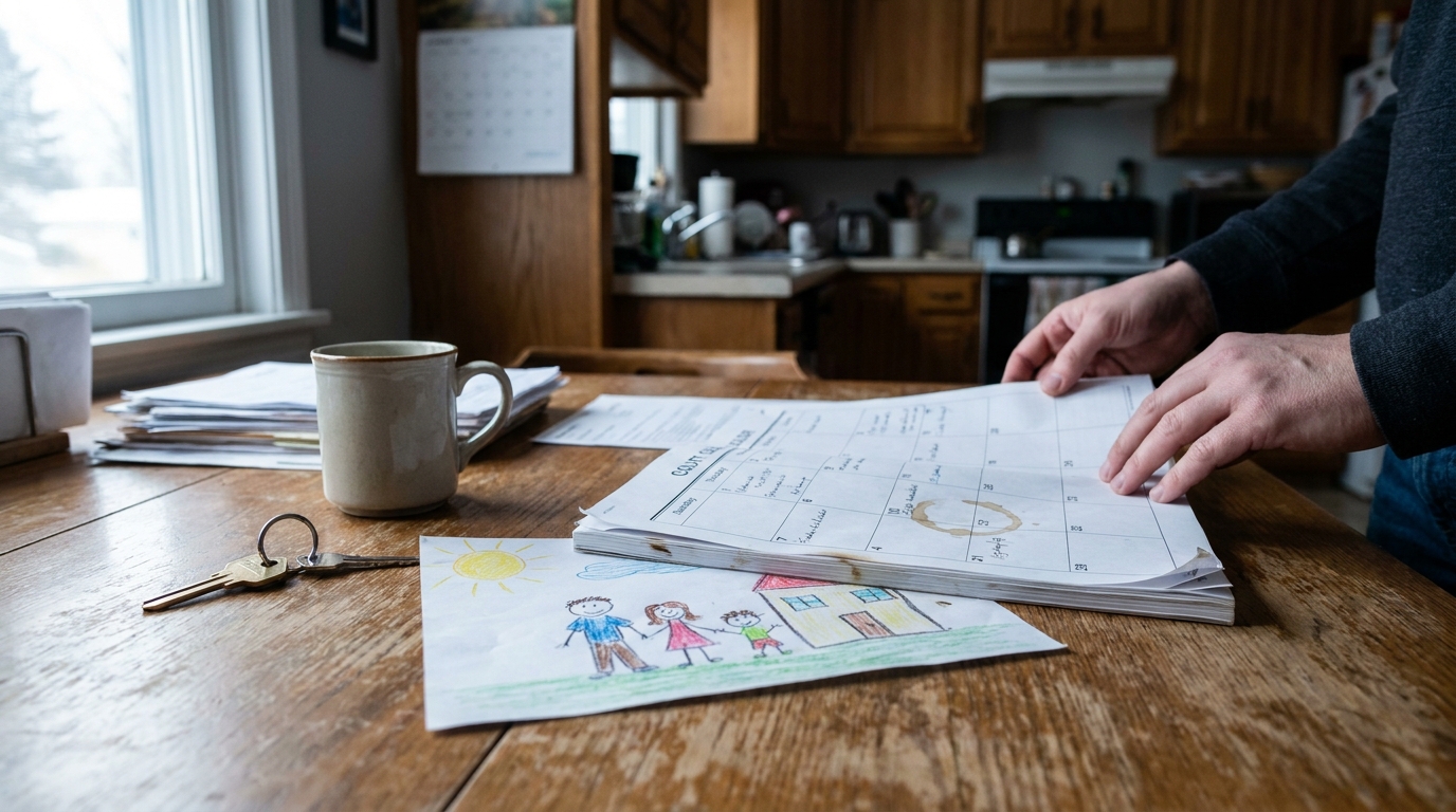 Texas Parent Reviewing Child Custody Modification Court Documents person reviewing court calendar documents beside child's family drawing and house keys
