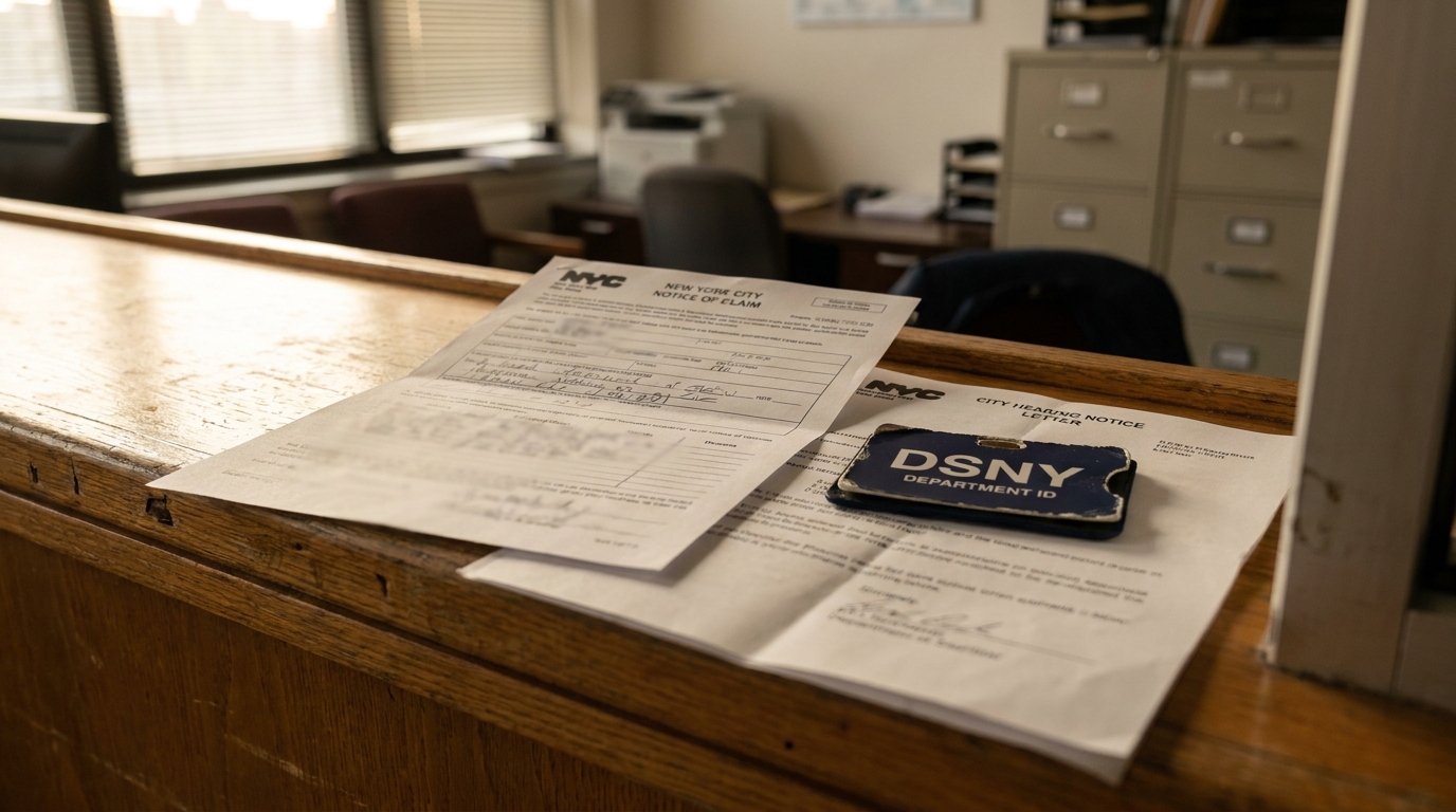 DSNY Department ID and NYC Notice of Claim Bronx Hearing NYC Notice of Claim and City Hearing Notice Letter with DSNY Department ID badge on wooden counter