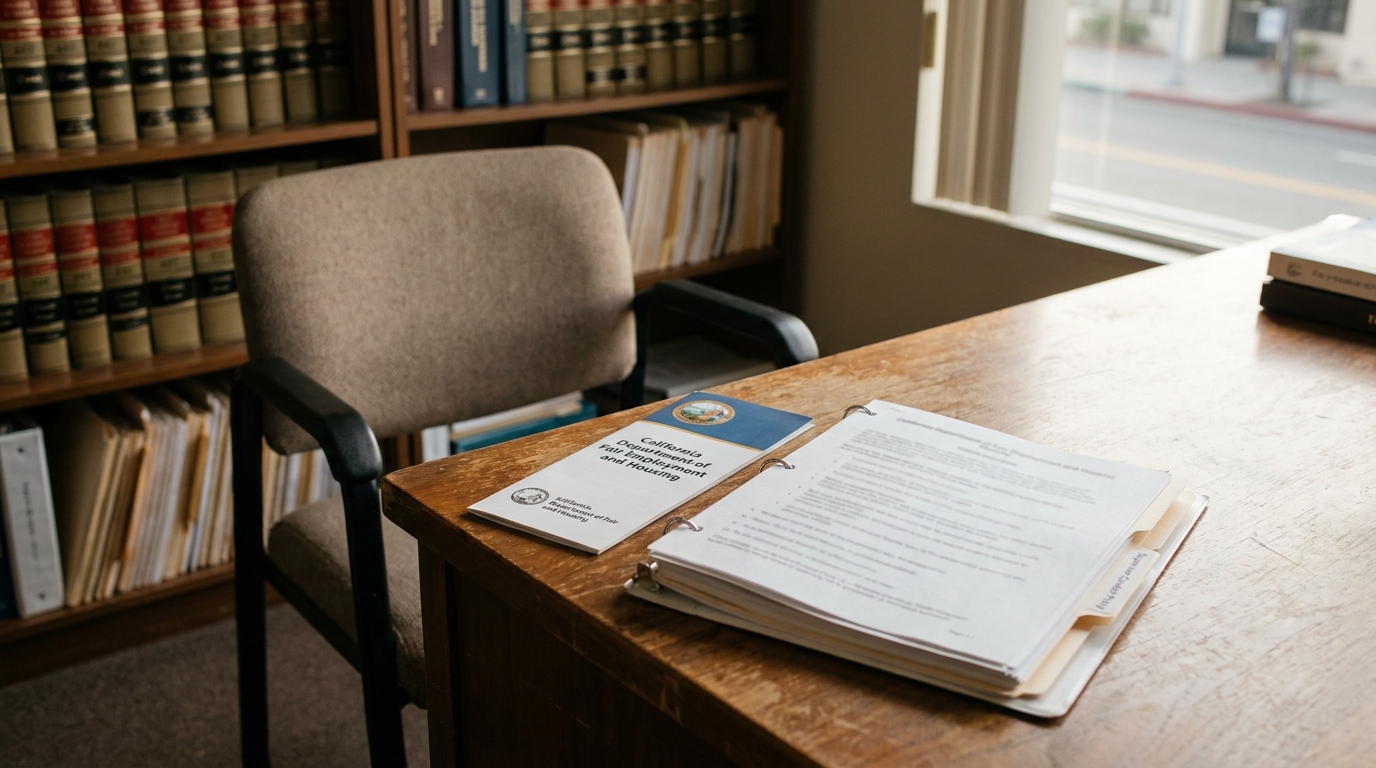 FEHA Supervisor Harassment Claim Documents Redondo Beach Law Office California Department of Fair Employment and Housing document on law office desk