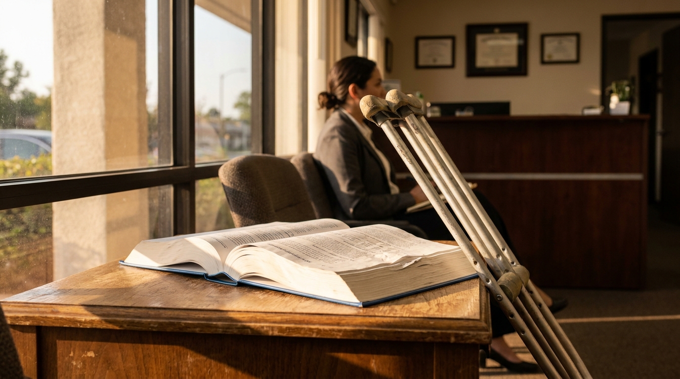 Redondo Beach Disability Discrimination Attorney Office Crutches Law Book open legal book on wooden desk with crutches and seated client in law office
