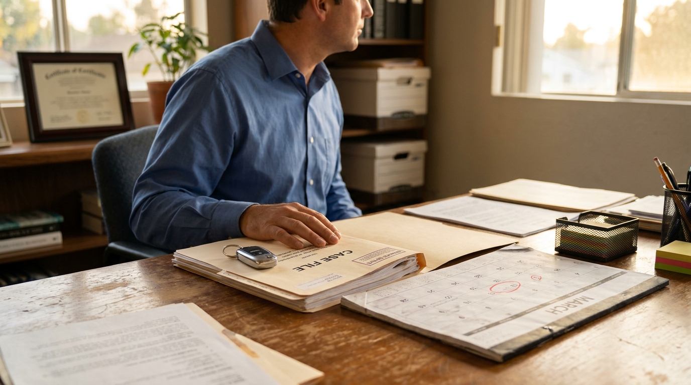 attorney at desk with case file folder, car key, and March calendar