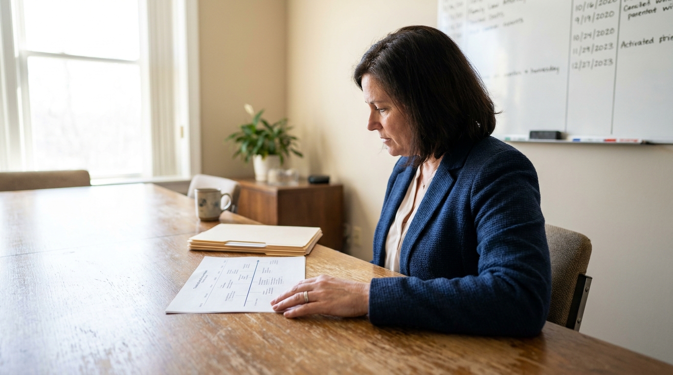 female attorney reviewing legal documents at conference table with whiteboard behind her