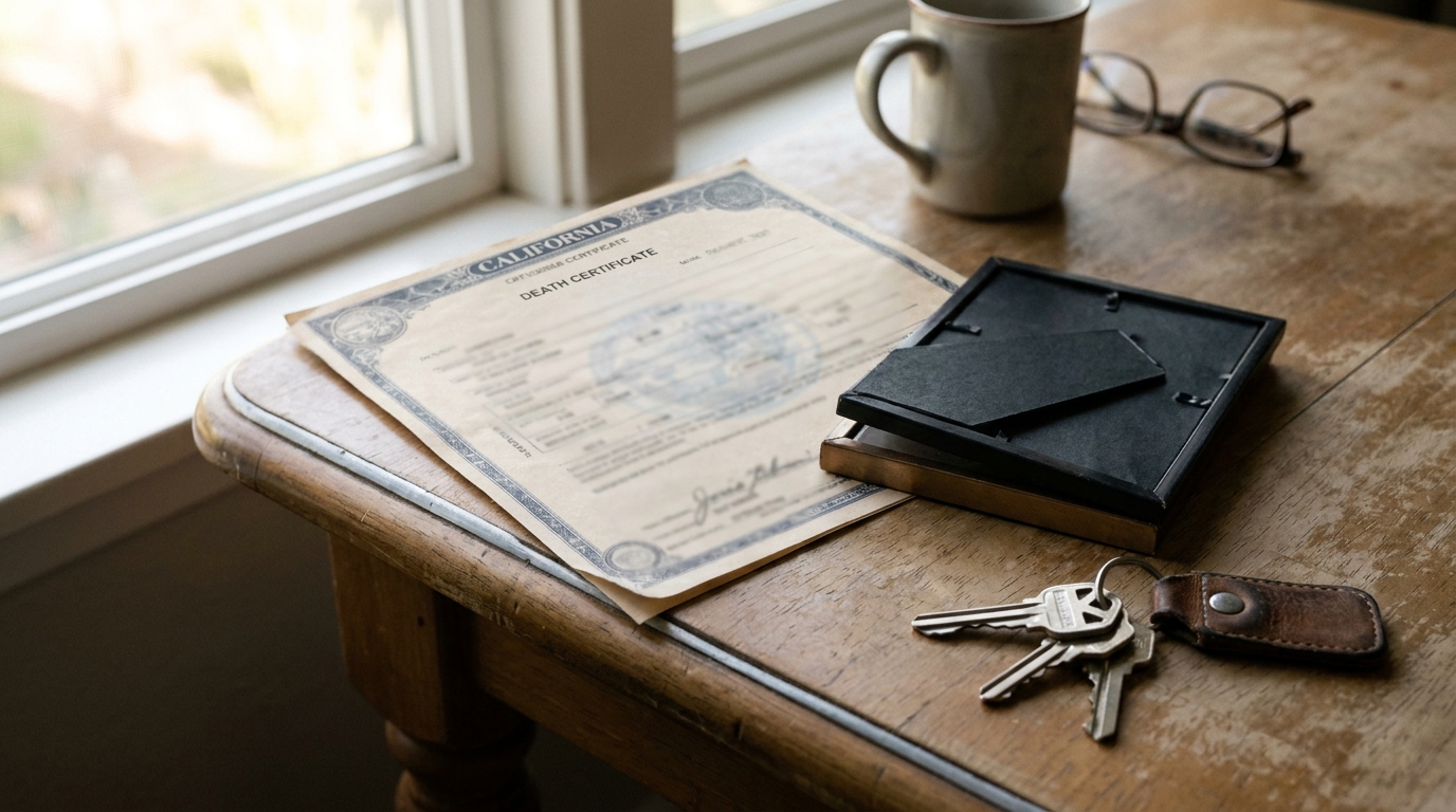 California Death Certificate document resting on wooden table beside keys and framed photo