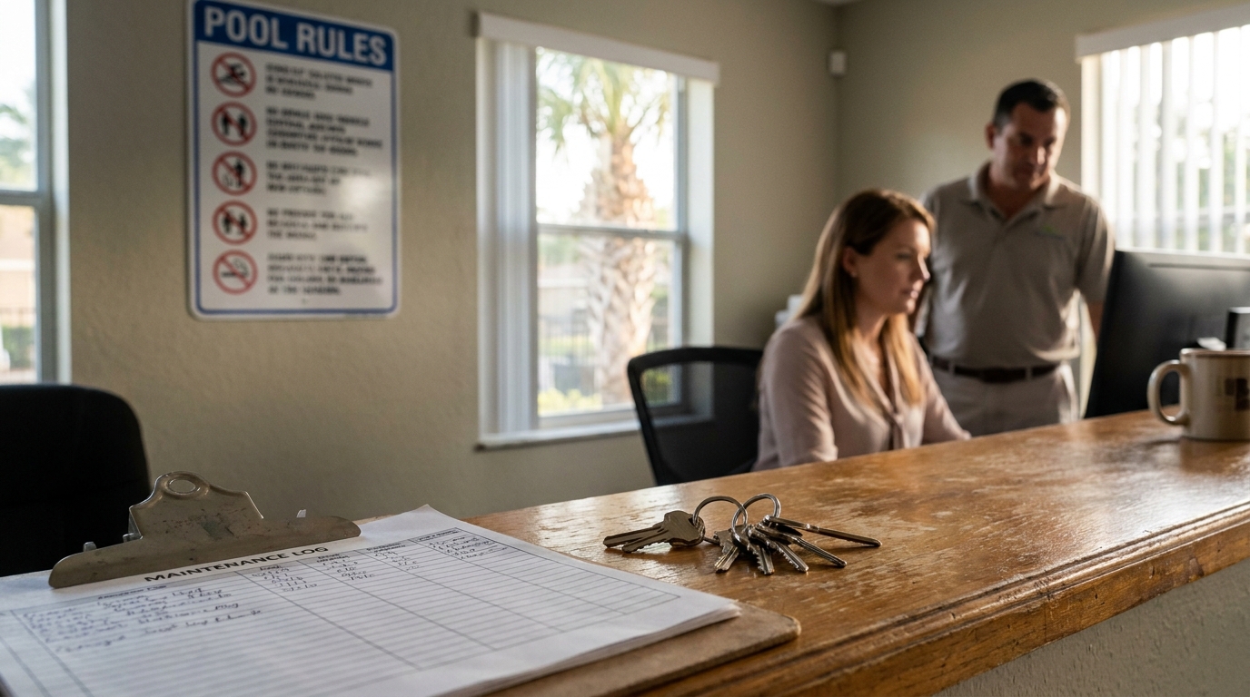 Florida Condo Association Office Pool Rules Maintenance Log apartment office counter with maintenance log, keys, and Pool Rules sign