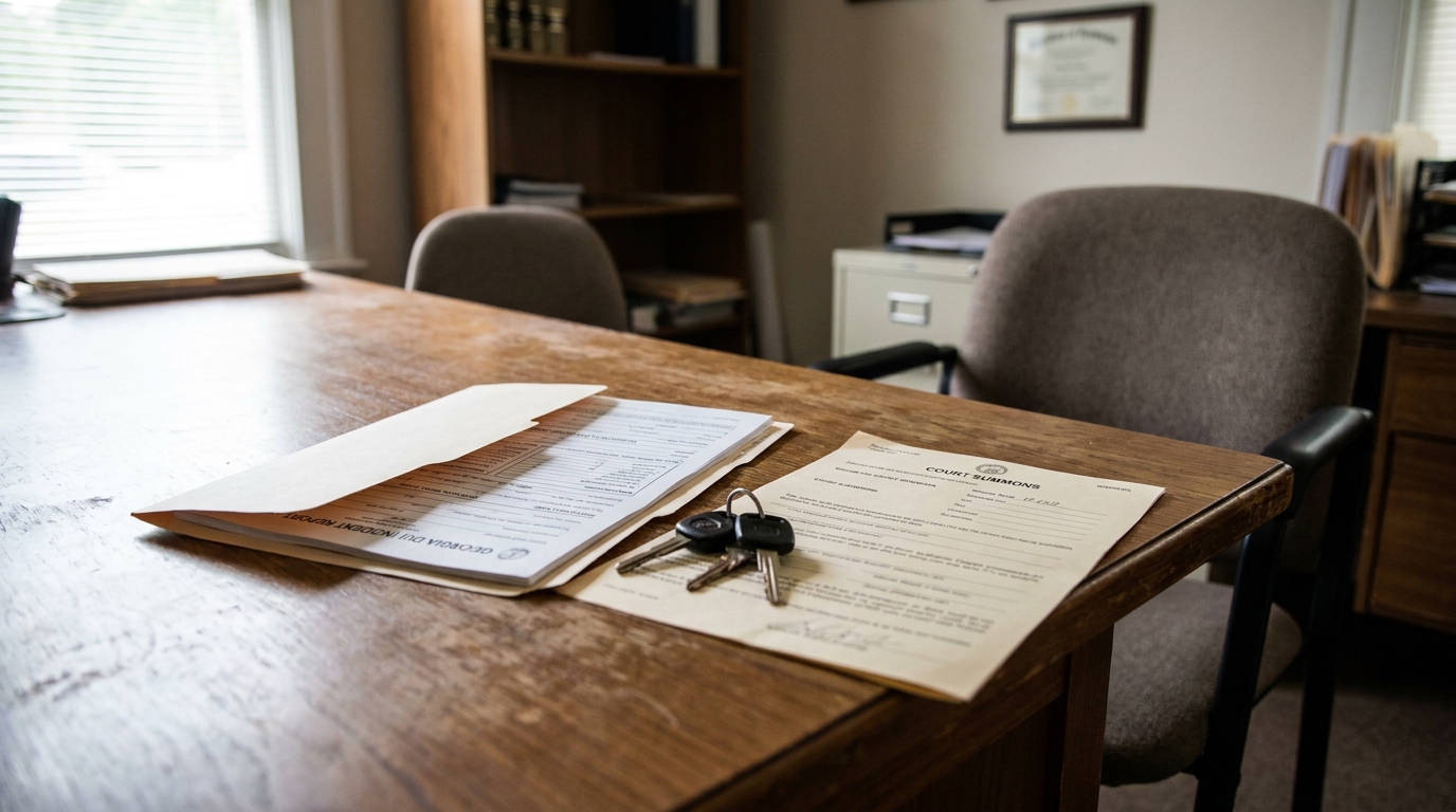 Decatur DUI Crash Attorney Office With Court Summons and Car Keys Georgia DUI incident report, court summons, and car keys on law office desk