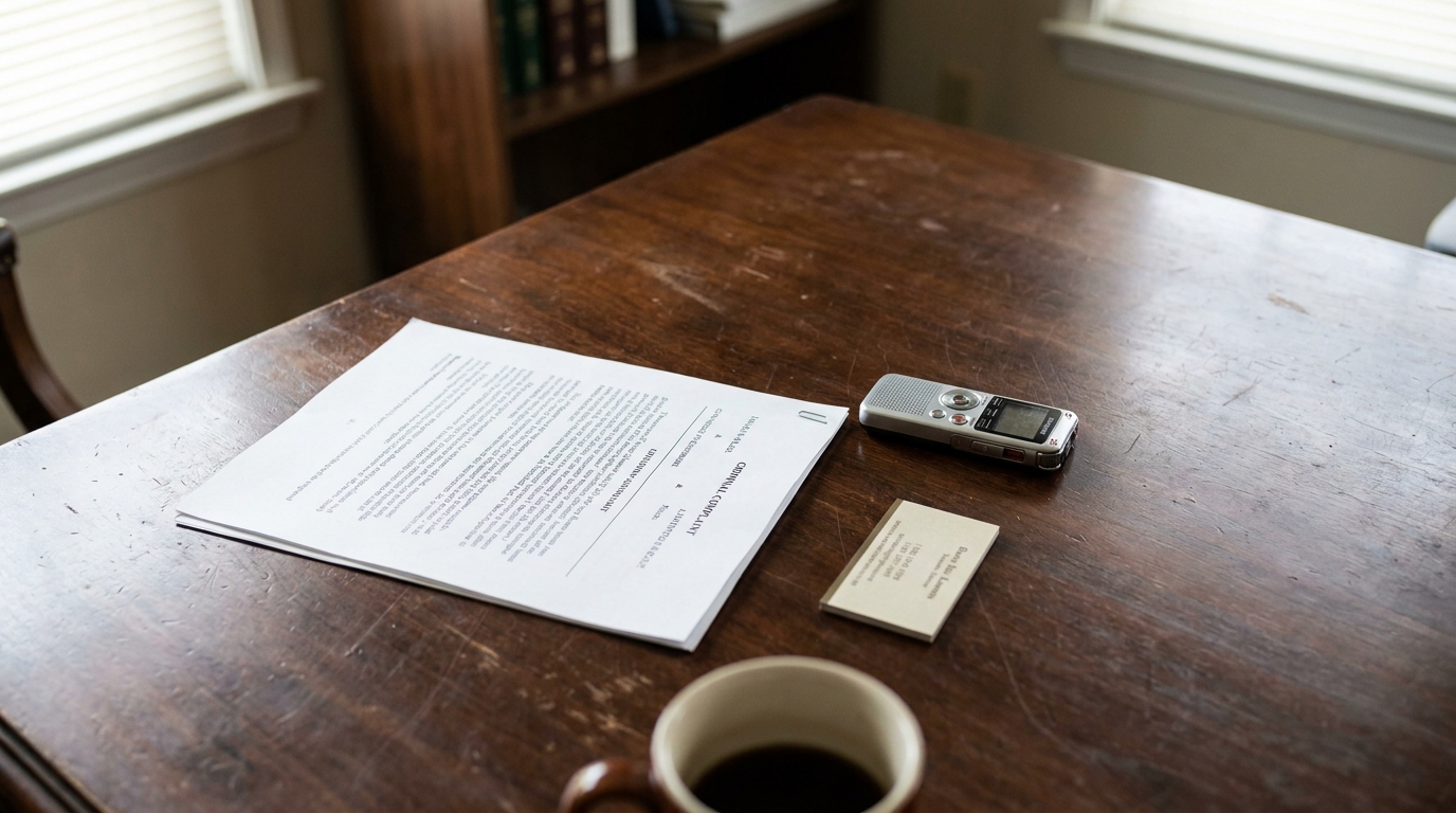 Criminal Defense Attorney Consultation Desk Salt Lake City legal document, digital recorder, and business card on wooden office desk