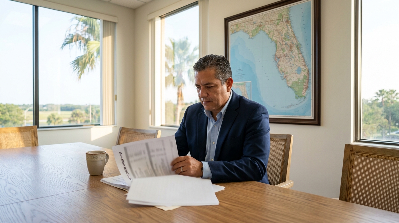Attorney Reviewing Car Accident Settlement Worksheet Orlando Florida attorney reviewing settlement worksheet document at conference table with Florida map