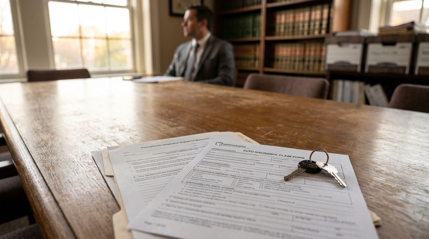 PA Auto Insurance Claim Form Shared Fault Lawyer Consultation Pennsylvania auto insurance claim form and car keys on law office conference table