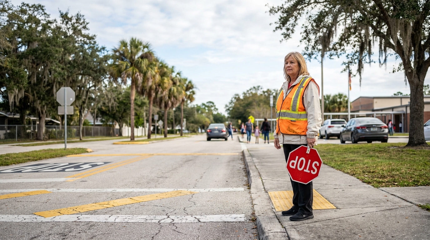 Miami School Zone Crossing Guard Florida HB 543 Safety crossing guard in safety vest holding stop sign at school crosswalk