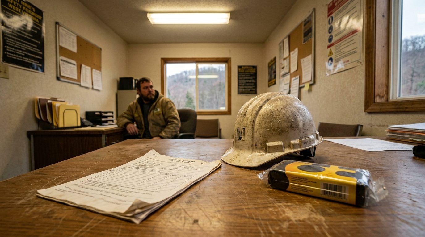 worn hard hat and incident report form on desk in mine safety office