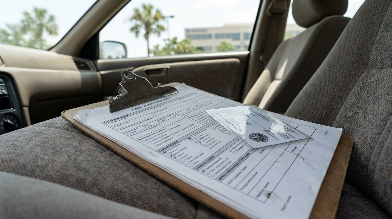 Florida Traffic Crash Report form on clipboard resting on vehicle seat