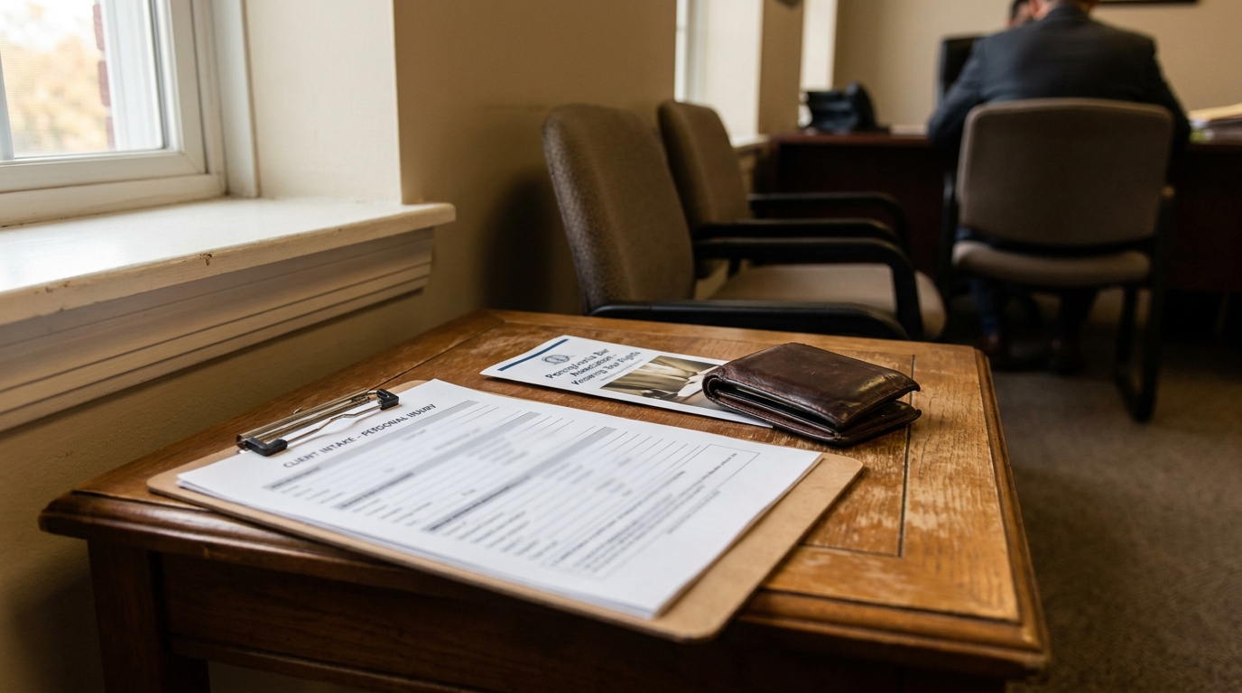 PA Slip and Fall Lawyer Client Intake Personal Injury Form client intake personal injury form on clipboard with wallet on law office desk