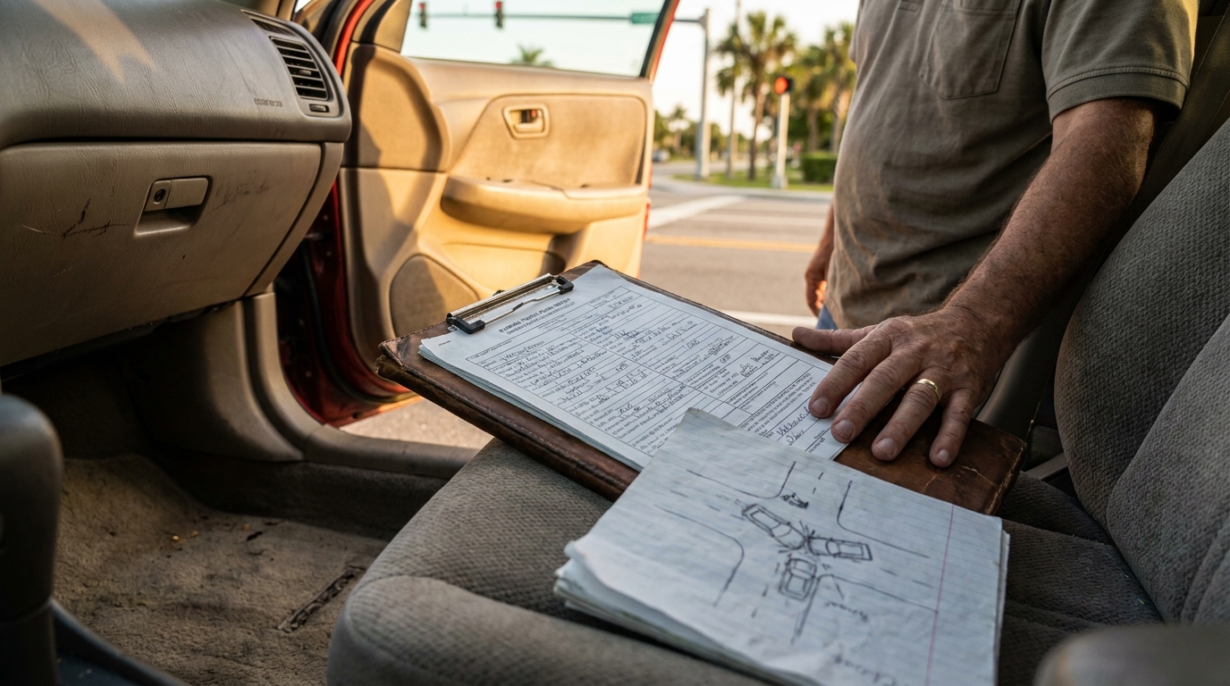 person holding clipboard with accident report form and collision diagram inside vehicle