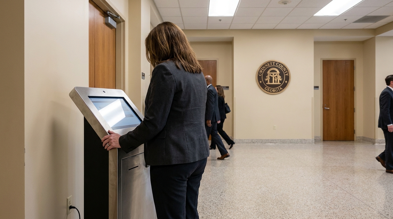 Attorney at Gwinnett County Courthouse Kiosk Lawrenceville Georgia attorney using kiosk in Gwinnett County Georgia courthouse hallway