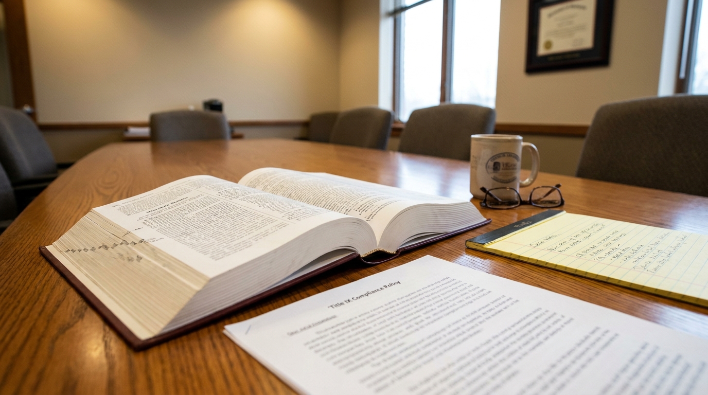 Madison WI Institutional Sexual Abuse Legal Case Evidence Title IX Compliance Policy document beside open legal reference book on conference table