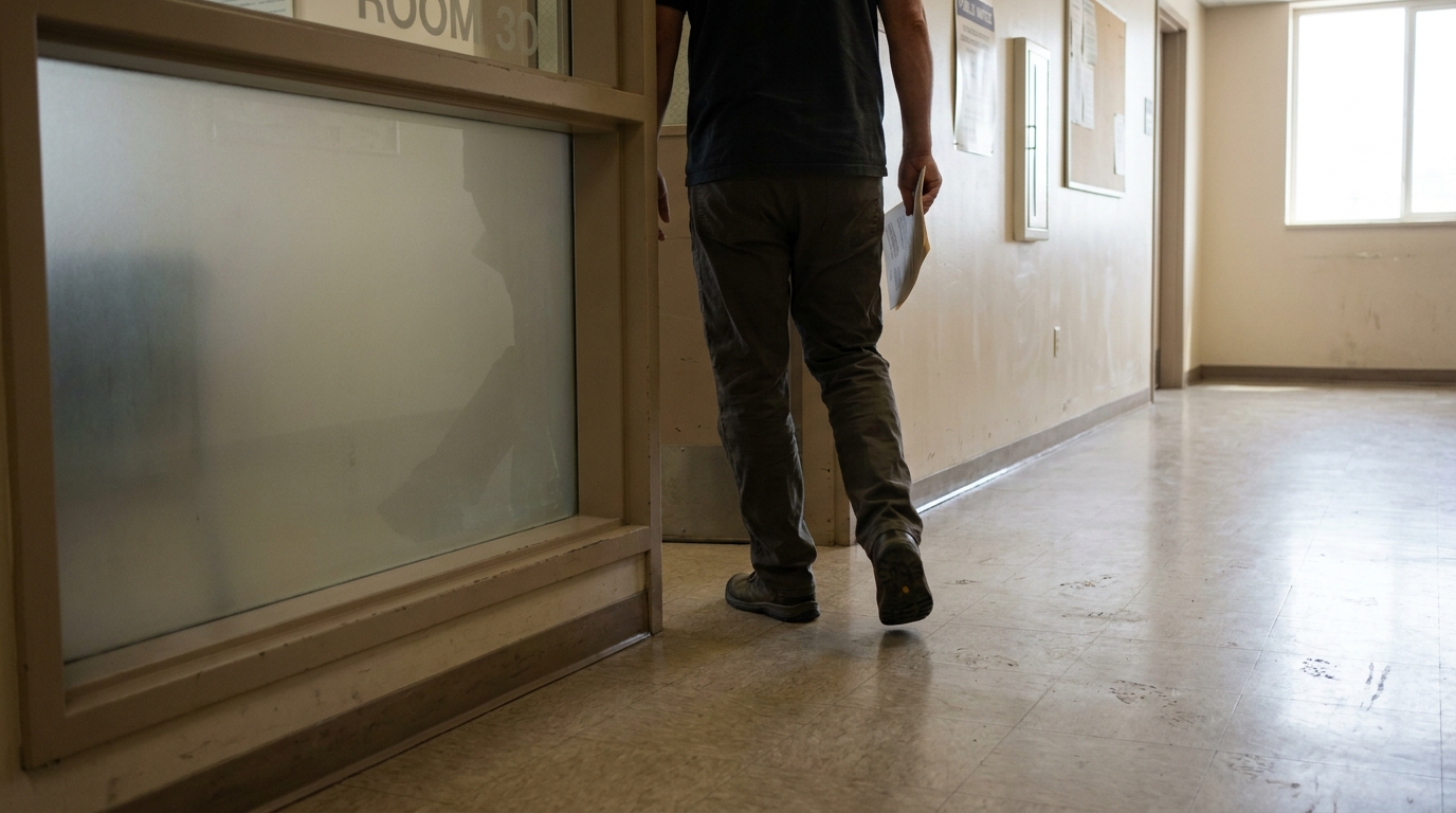 Person Walking Salt Lake City Courthouse Drug Offense Case person carrying documents walking past Room 30 sign in courthouse hallway