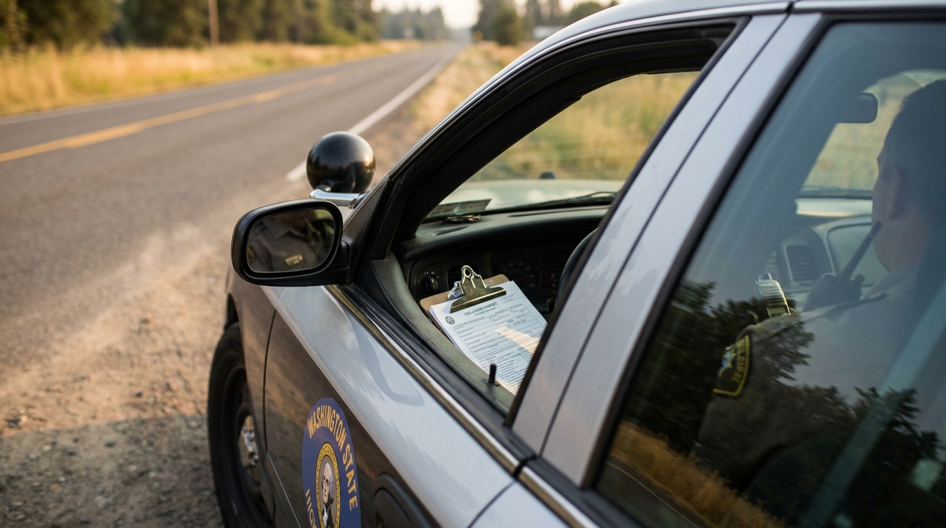 Washington State patrol car parked roadside with clipboard document on window