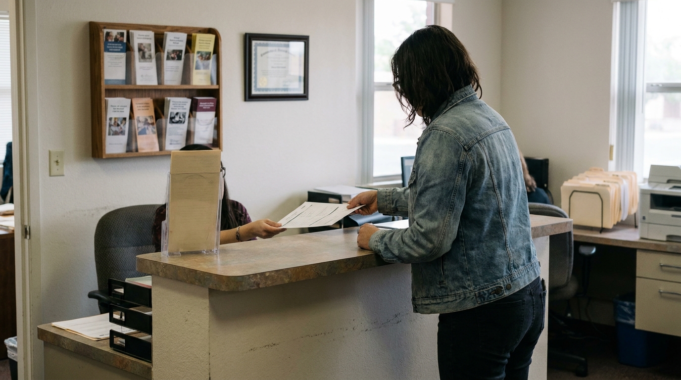 person handing document to receptionist at office front desk with framed certificate on wall