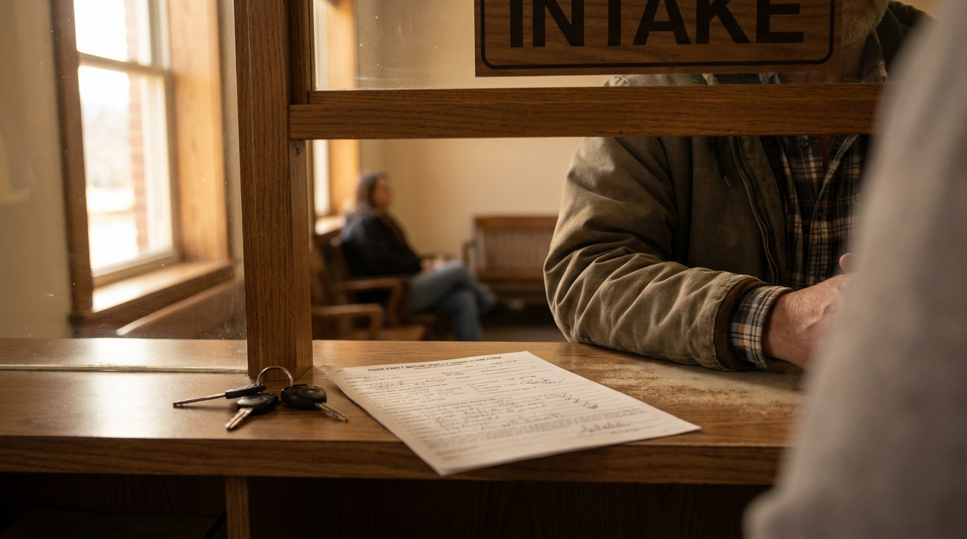 person at intake counter with completed claim form and car keys on desk