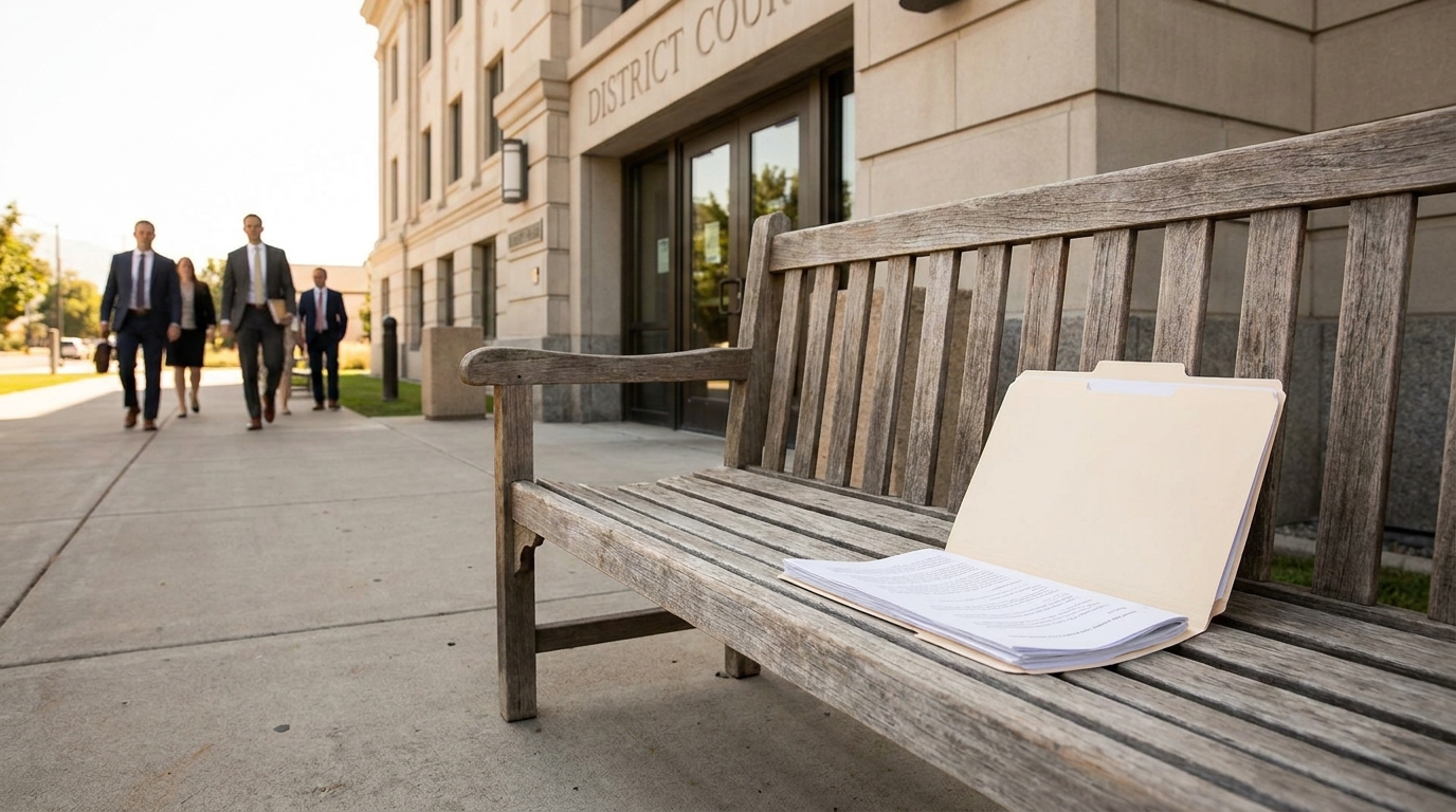 legal documents on bench outside District Court building with attorneys walking