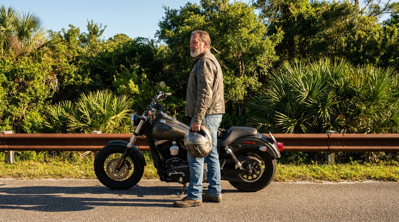Fort Lauderdale Rider Holding Helmet Beside Motorcycle Florida motorcyclist holding helmet standing beside parked cruiser motorcycle on roadside