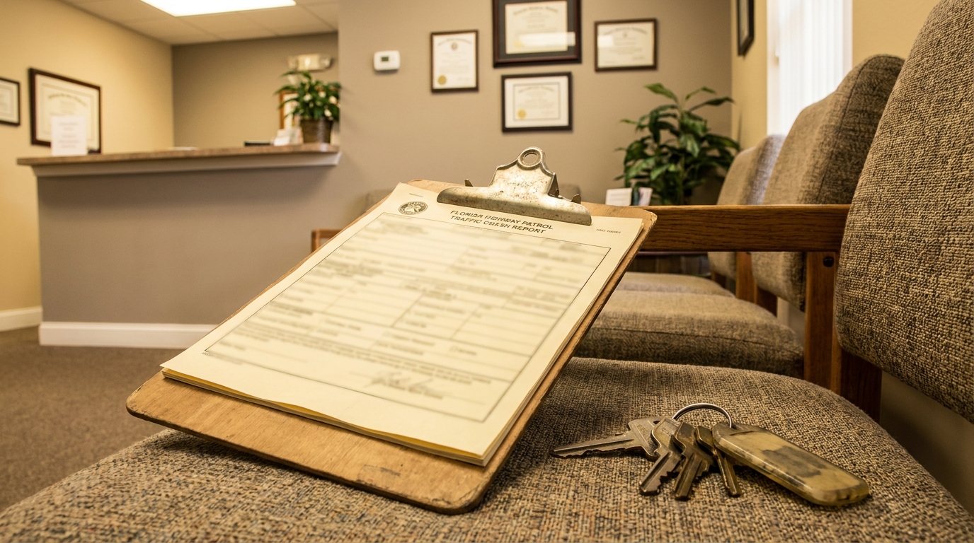 Florida Highway Patrol Traffic Crash Report on clipboard with car keys in law office waiting room