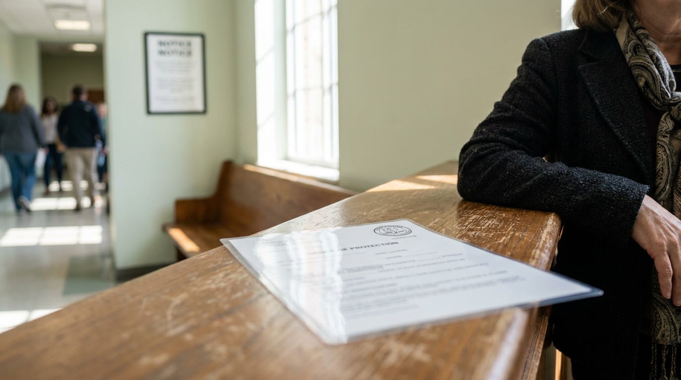 Rock Hill SC Protection Order Document at Courthouse order of protection document resting on courthouse bench beside seated person