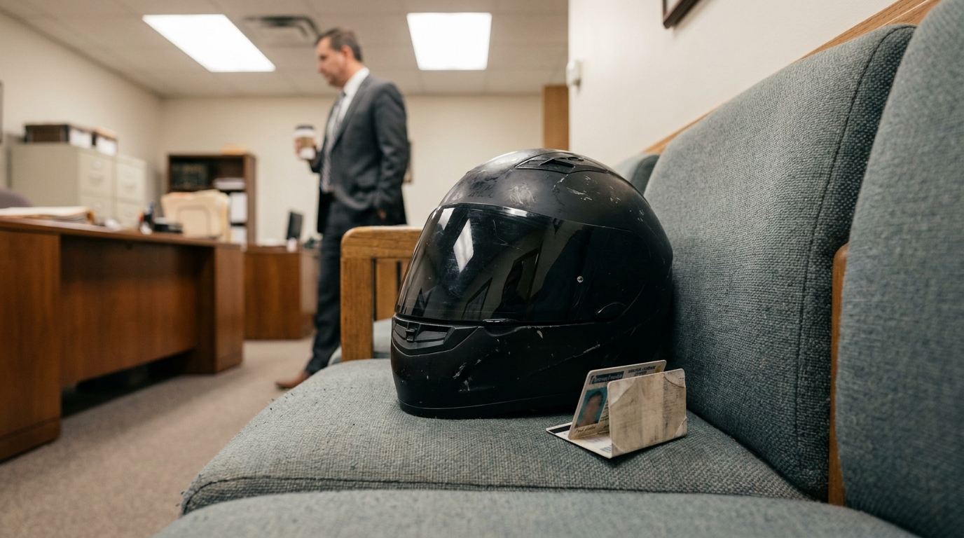 PA Motorcycle Accident Lawyer Office Helmet Consultation damaged motorcycle helmet and ID on office couch with attorney standing in background