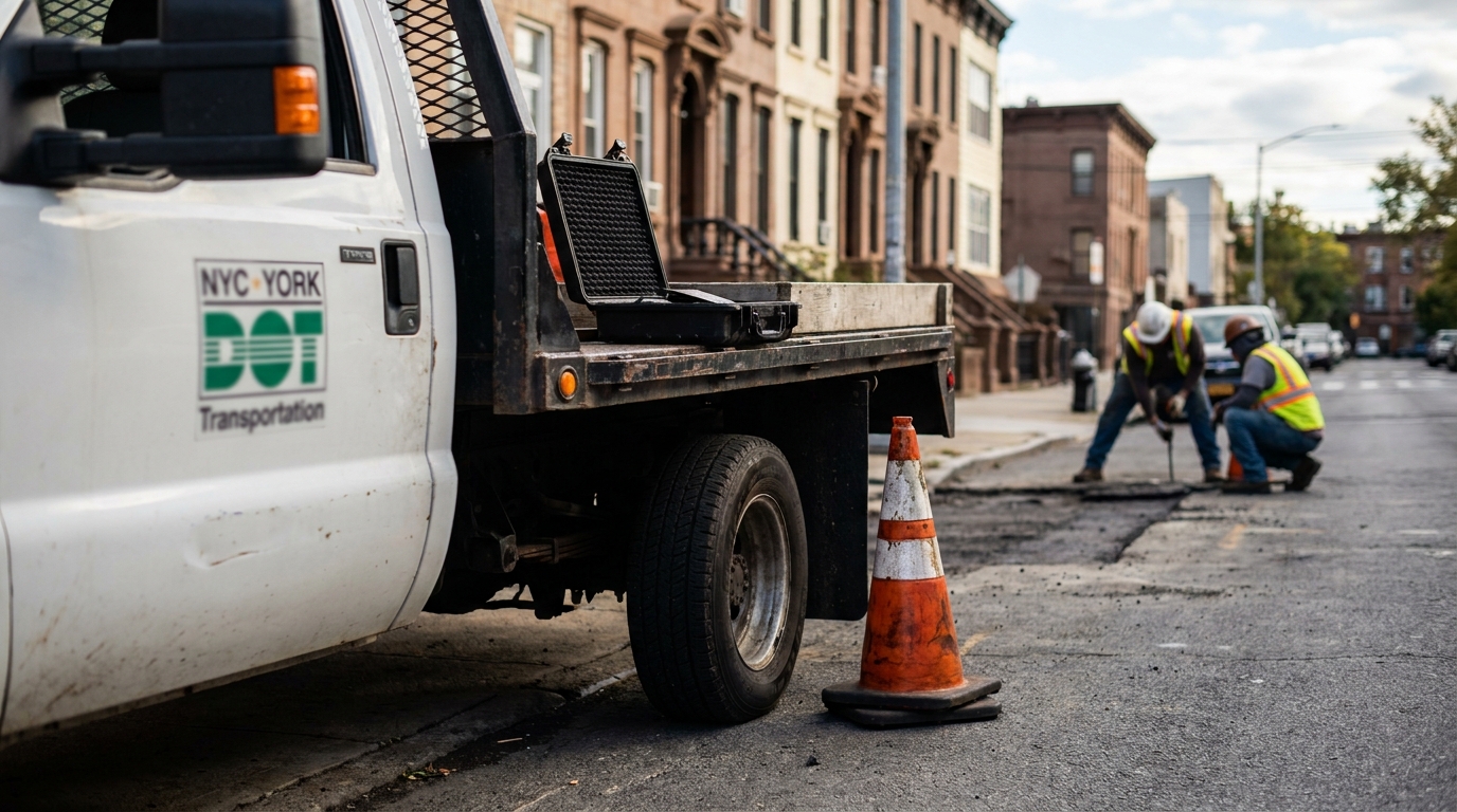NYC DOT Transportation truck parked beside workers repairing city street