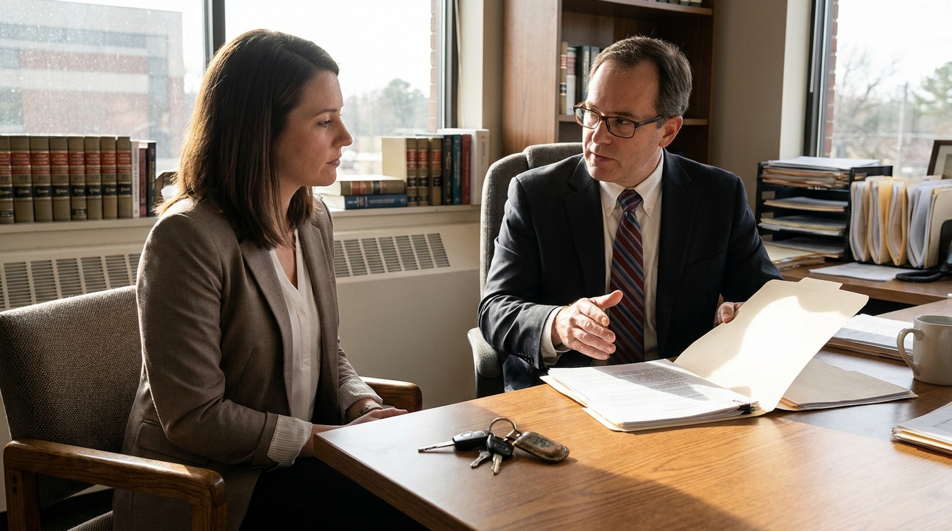 Fort Lauderdale Car Accident Attorney Consulting Uninsured Driver Client attorney in suit reviewing open legal documents with seated client across desk