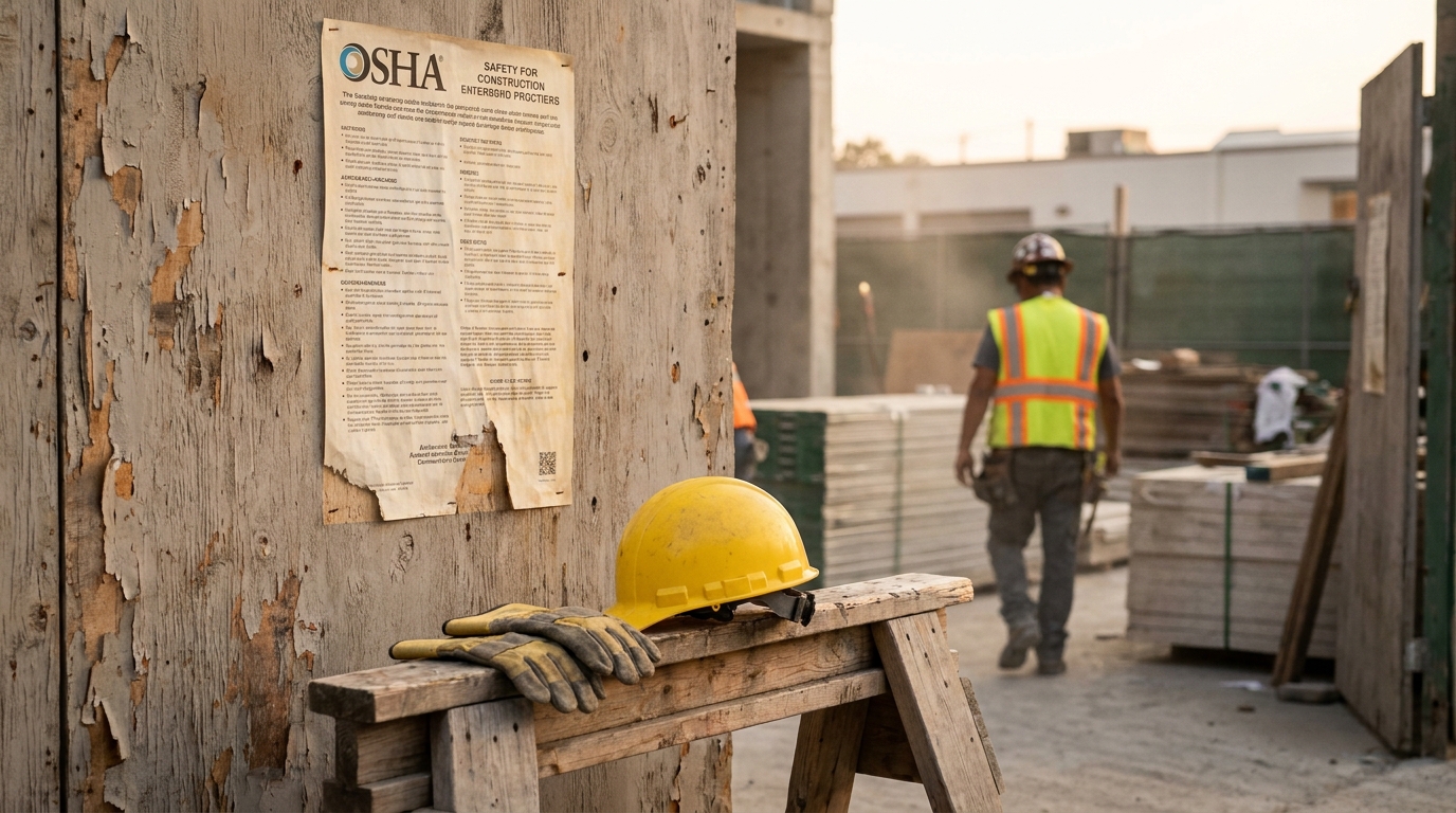 OSHA Safety for Construction poster beside hard hat and gloves on job site