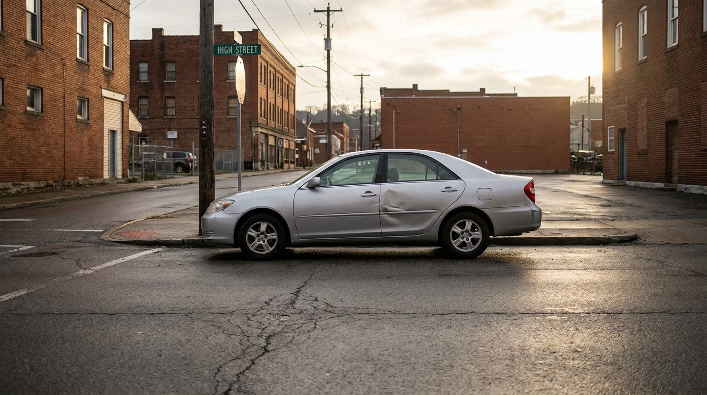 Damaged Car After Crash on Morgantown West Virginia Street sedan with visible door dent parked at High Street urban intersection