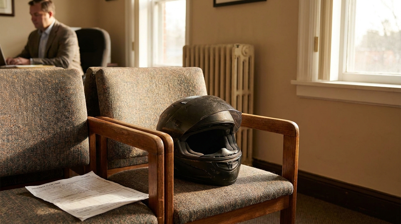 motorcycle helmet and insurance claim form on waiting room chair near attorney