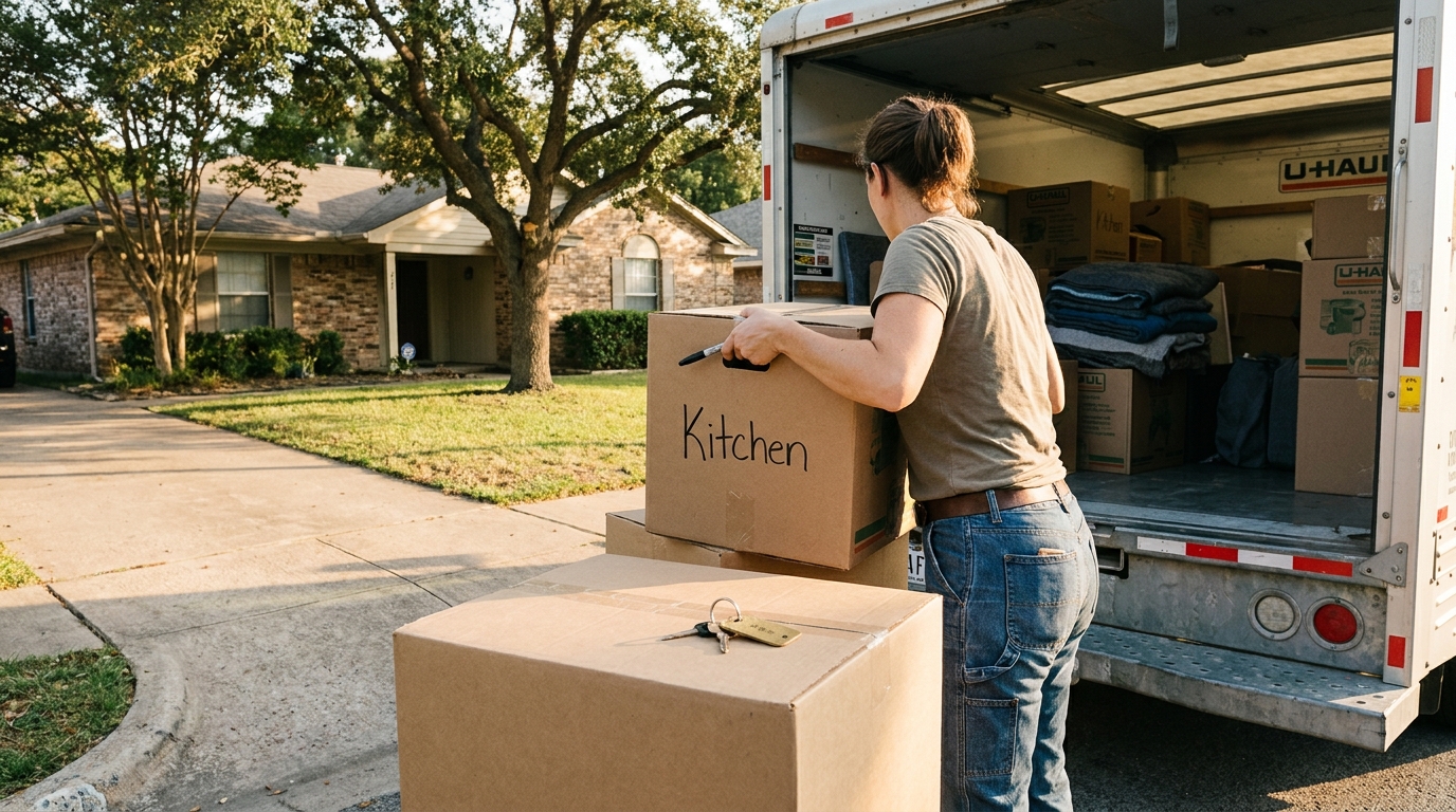 Moving Out of Texas Home After Divorce Decree Finalized person labeling Kitchen box beside loaded U-Haul truck outside residential home
