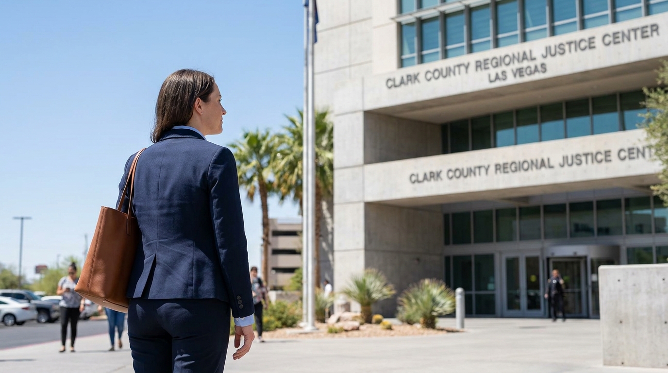 Las Vegas Divorce Attorney Outside Clark County Courthouse attorney in suit carrying bag outside Clark County Regional Justice Center Las Vegas