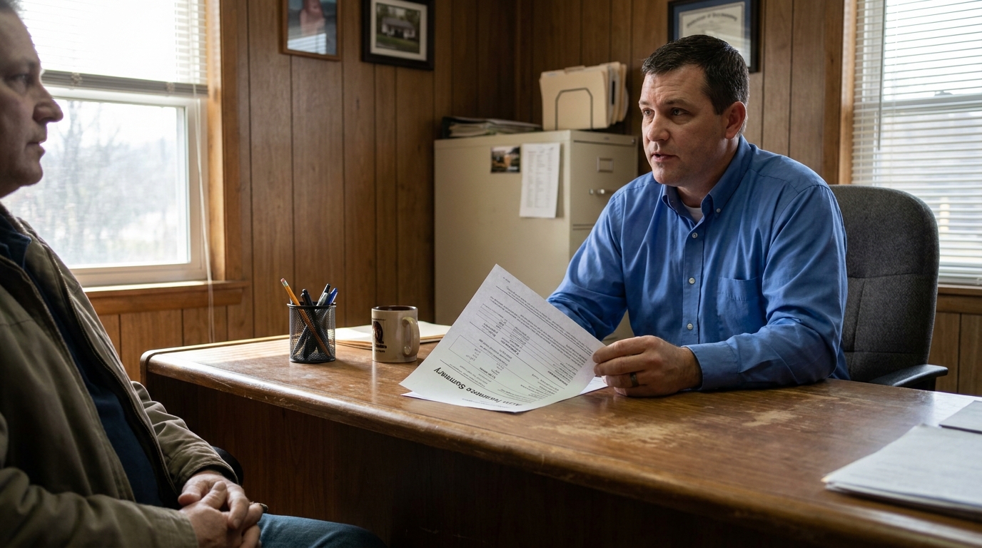 West Virginia Attorney Reviewing Car Insurance Policy With Client professional holding printed summary document during office consultation across wooden desk