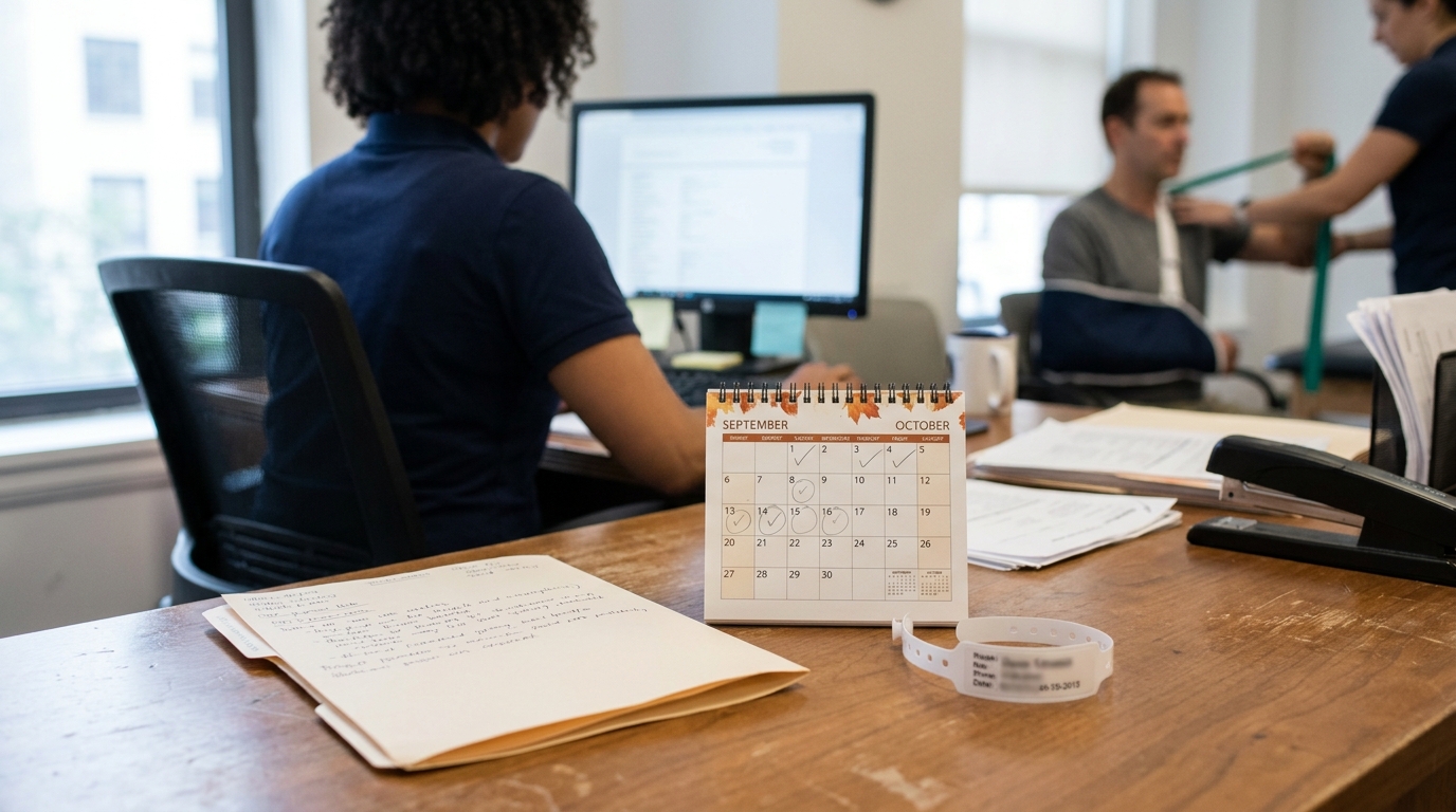 desk calendar open to October beside case folder, handwritten notes, and hospital wristband