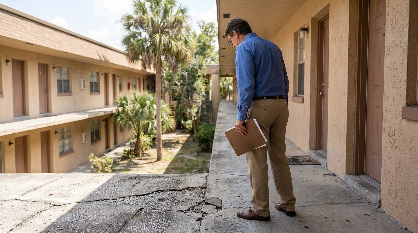 man holding clipboard inspecting cracked walkway at neglected apartment complex