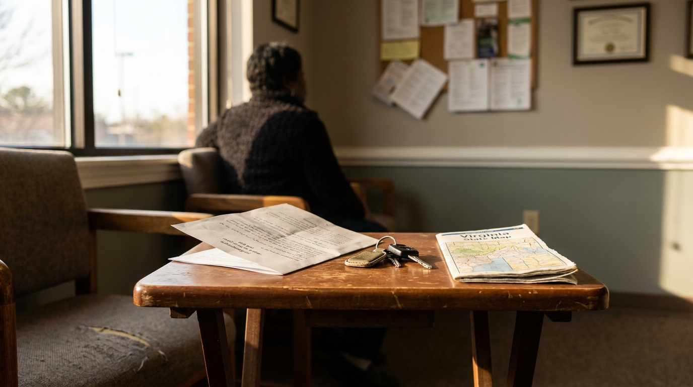 person seated in waiting room with documents, car keys, and Virginia state map on table