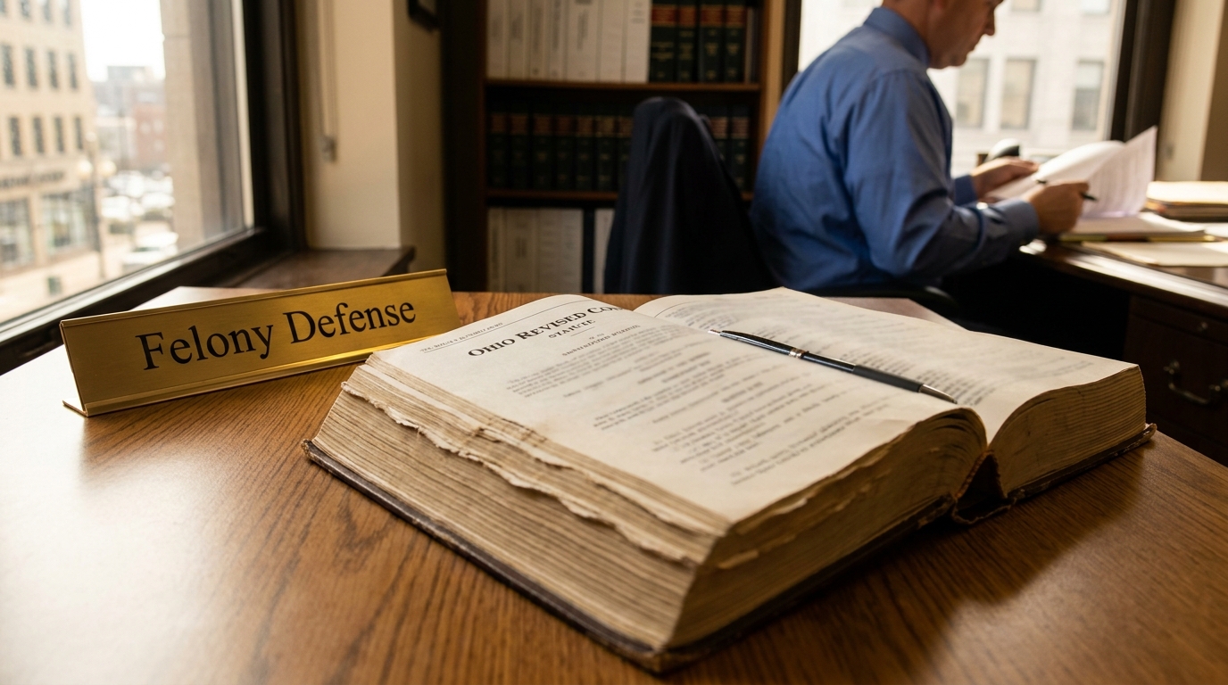 Cincinnati Felony Defense Attorney Reviewing Ohio Revised Code Felony Defense nameplate beside open Ohio Revised Code statute book on attorney desk