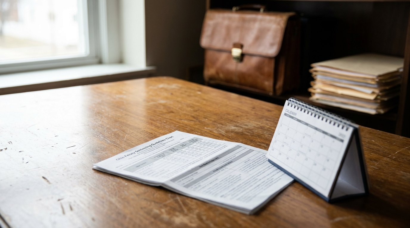 Ohio Felony Sentencing Chart on Cincinnati Defense Lawyer Desk Ohio Felony Sentencing Guidelines Chart document on desk beside desktop calendar and briefcase