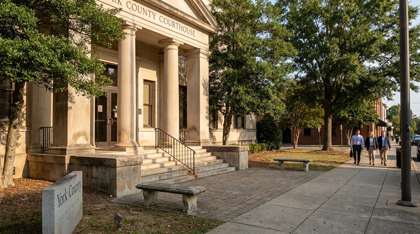 York County Courthouse exterior with three professionals walking along sidewalk