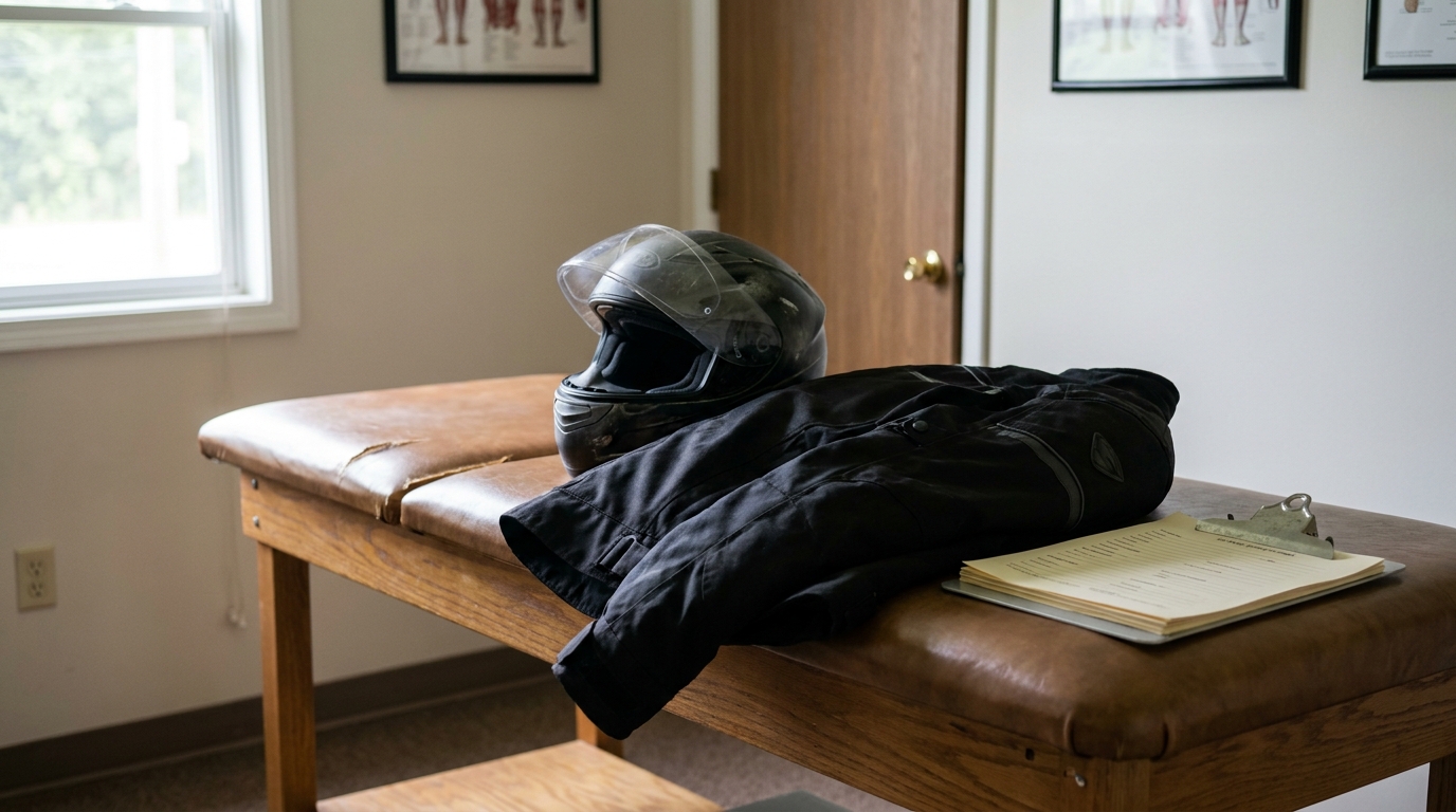 motorcycle helmet and jacket resting on medical exam table with clipboard
