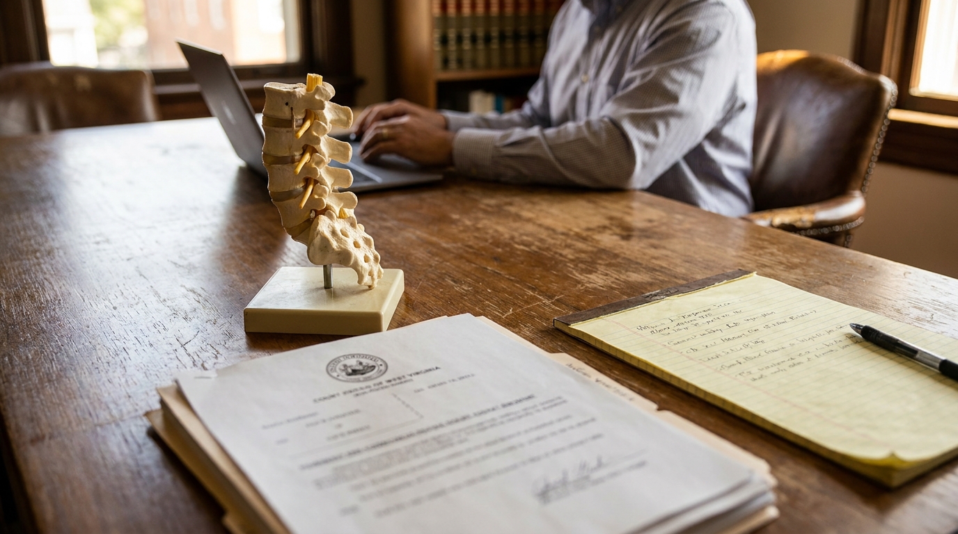 West Virginia Spinal Cord Injury Lawyer Reviewing Claim Documents spinal column model beside Court System of West Virginia legal documents on attorney desk