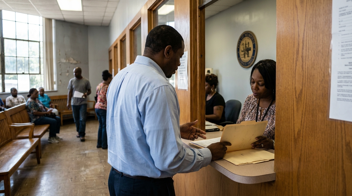 Man Submitting Crash Report Correction at Memphis Police Office man submitting legal documents at government office clerk window with waiting area