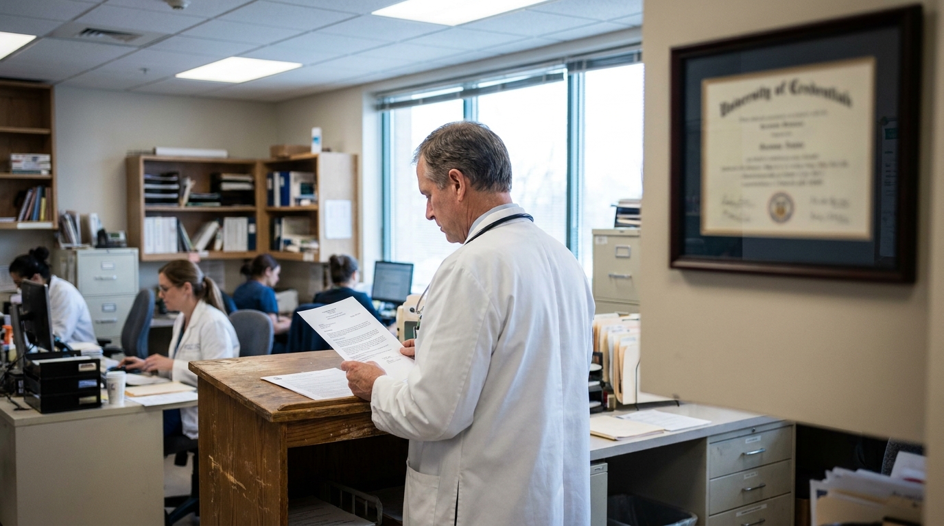 physician in lab coat reviewing medical document at standing desk near framed diploma