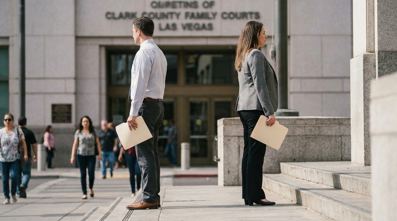 Couple Outside Clark County Family Courts Las Vegas Divorce Two attorneys holding folders standing outside Clark County Family Courts Las Vegas
